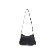 Coccinelle black leather crossbody bag with textured surface, sleek minimalist design, and silver-toned hardware
