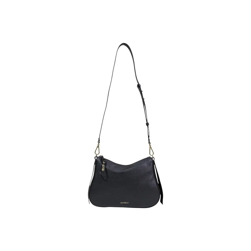 Coccinelle black leather crossbody bag with textured surface, sleek minimalist design, and silver-toned hardware
