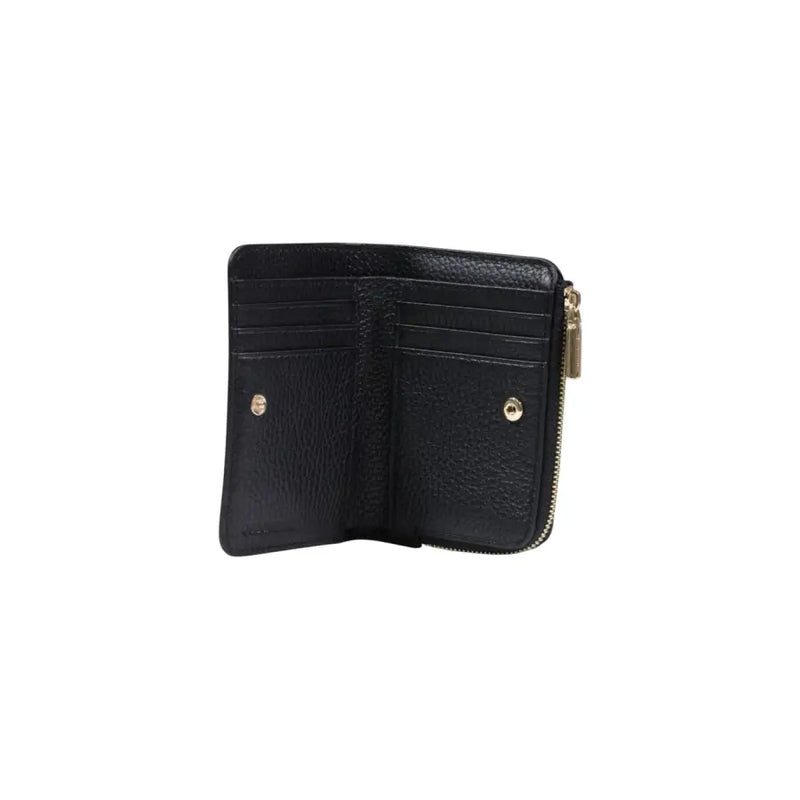 Coccinelle black leather zip wallet for women featuring textured leather with gold-tone zipper and hardware