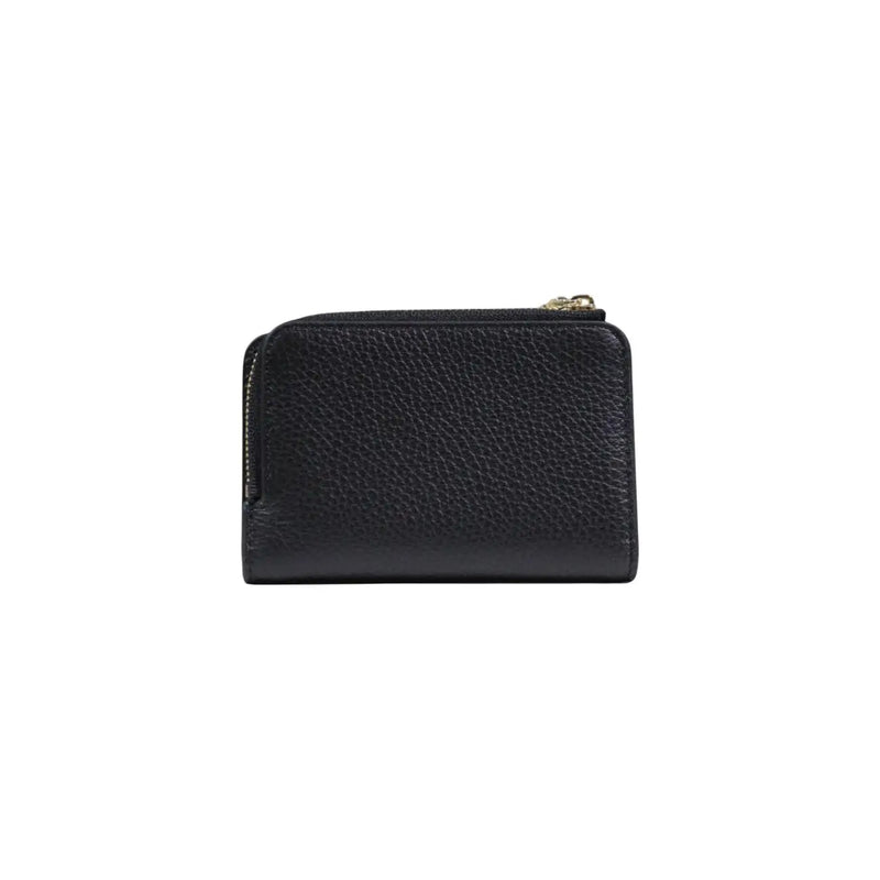 Coccinelle black leather zip wallet for women with pebbled texture and gold-tone zipper pull