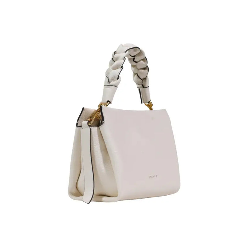 Coccinelle white leather handbag with braided handle gold-tone hardware and shoulder strap in off-white color