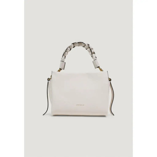Coccinelle white leather handbag with braided handle and black accent straps with shoulder strap visible