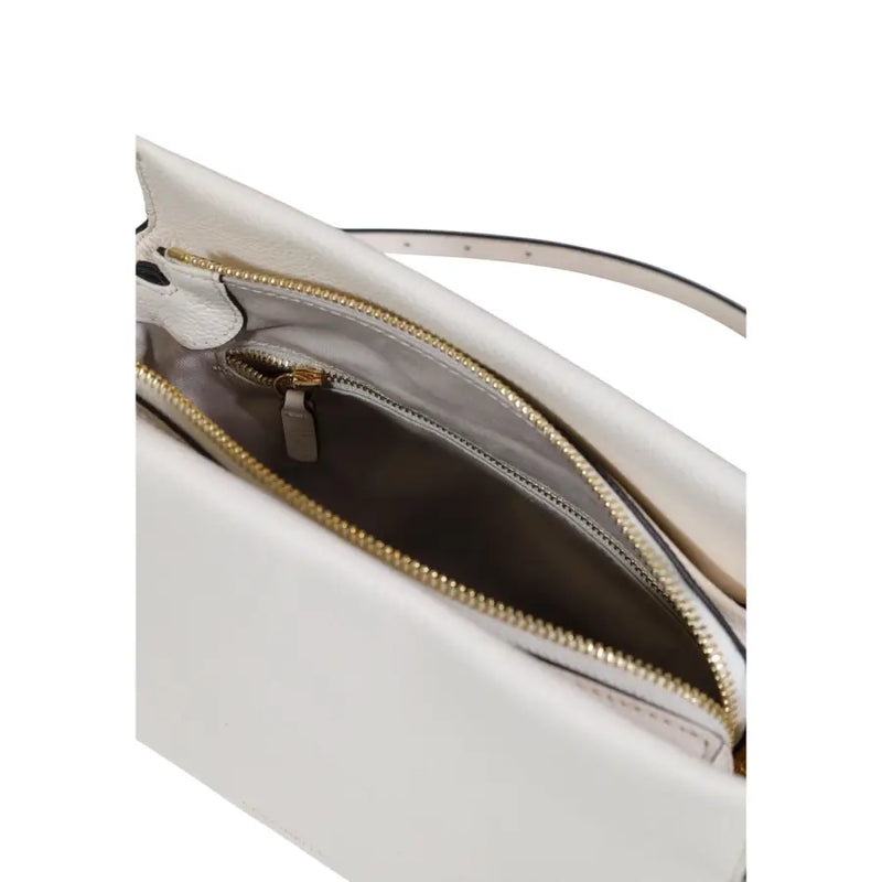 Coccinelle white leather crossbody bag with gold-tone zipper detailing and adjustable shoulder strap