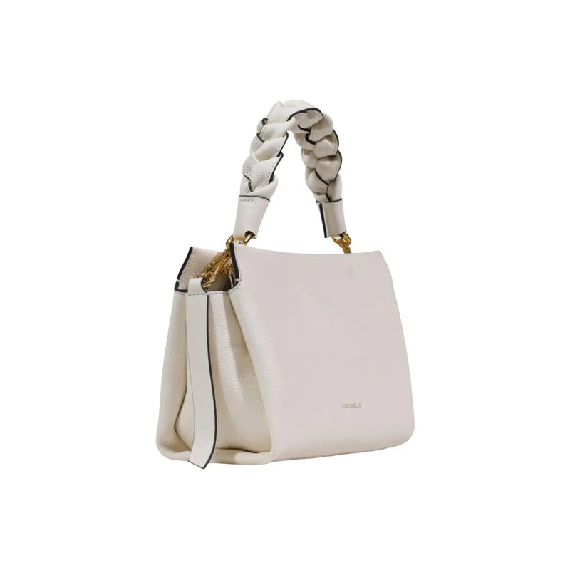 Coccinelle white leather handbag with braided handle gold-tone hardware and shoulder strap in off-white color