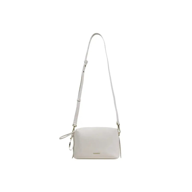 A sleek off-white coccinelle leather shoulder bag with minimalist design and matching crossbody strap and zip pocket