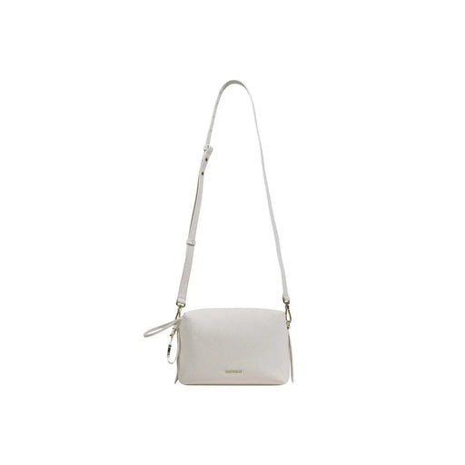 A sleek off-white coccinelle leather shoulder bag with minimalist design and matching crossbody strap and zip pocket