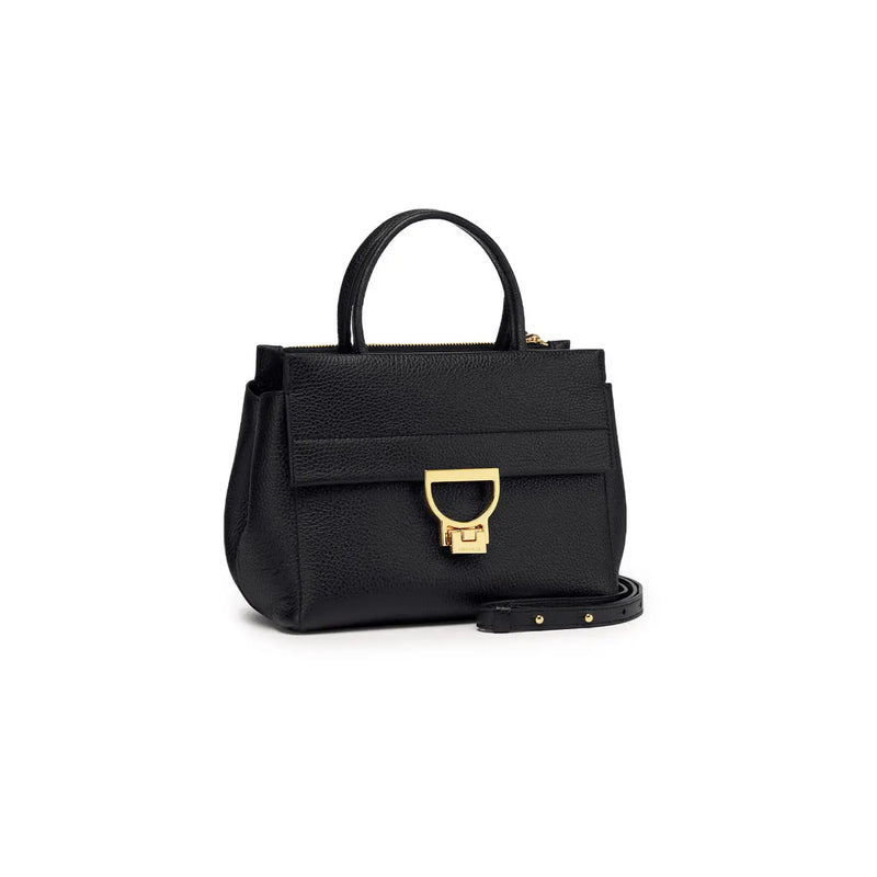 Coccinelle women black leather bag arlettis 24cm with pebbled leather gold-tone d-shaped clasp and top handle