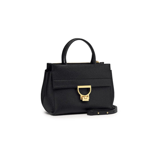 Coccinelle women black leather bag arlettis 24cm with pebbled leather gold-tone d-shaped clasp and top handle
