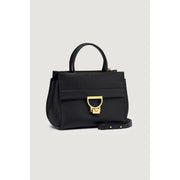 Black pebbled leather handbag by Coccinelle with gold-tone d-shaped clasp and matching top handle 24cm Arlettis model