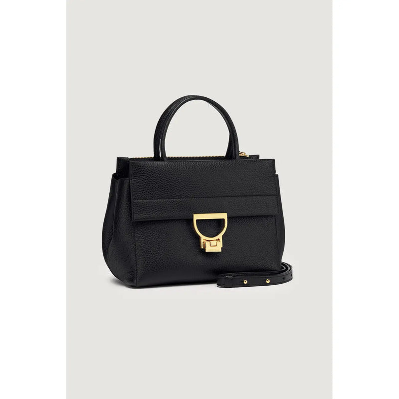 Black pebbled leather handbag by Coccinelle with gold-tone d-shaped clasp and matching top handle 24cm Arlettis model