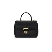Coccinelle women black leather arlettis mini handbag with pebbled texture gold-tone d-shaped clasp and top handle