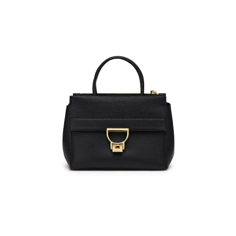 Coccinelle women black leather arlettis mini handbag with pebbled texture gold-tone d-shaped clasp and top handle