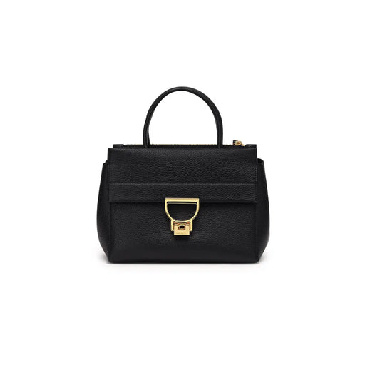 Coccinelle women black leather arlettis mini handbag with pebbled texture gold-tone d-shaped clasp and top handle