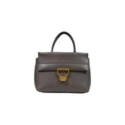 Gray pebbled leather handbag with gold-tone rectangular clasp and top handle from Coccinelle Arlettis 24cm collection