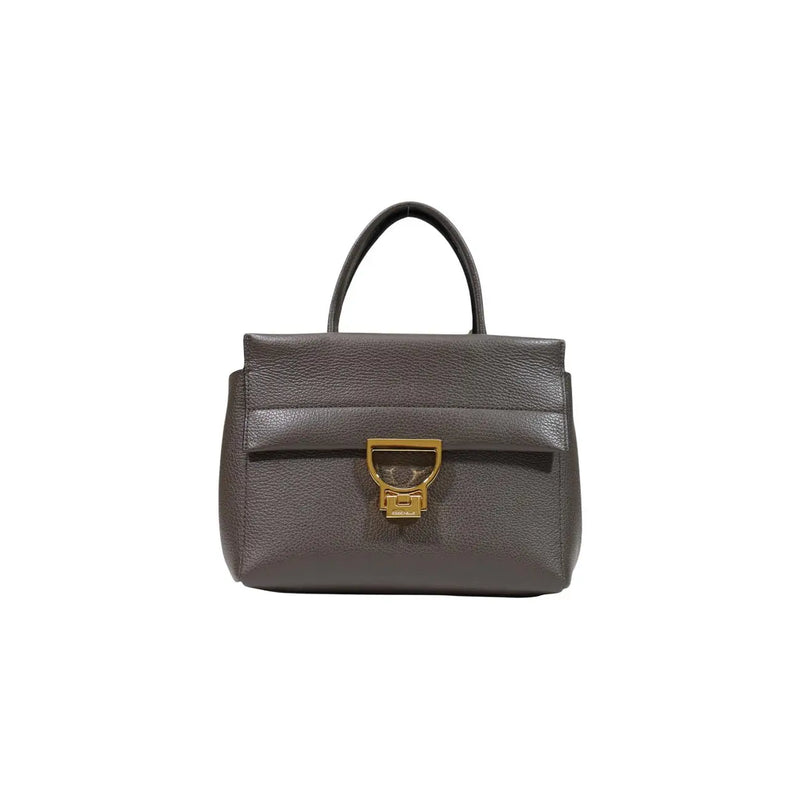 Gray pebbled leather handbag with gold-tone rectangular clasp and top handle from Coccinelle Arlettis 24cm collection