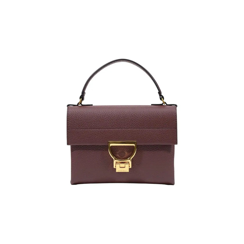 A burgundy pebbled leather handbag with black top handle and gold-tone d-shaped clasp from Coccinelle Arlettis 24cm collection