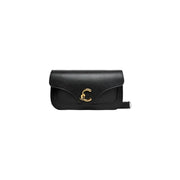 Coccinelle women black leather shoulder bag 26 cm with gold-tone c-shaped clasp and adjustable crossbody strap