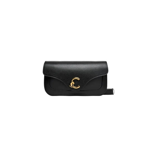 Coccinelle women black leather shoulder bag 26 cm with gold-tone c-shaped clasp and adjustable crossbody strap