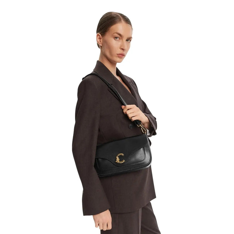 Coccinelle women black leather crossbody bag with gold-tone logo clasp and 26 cm shoulder strap length