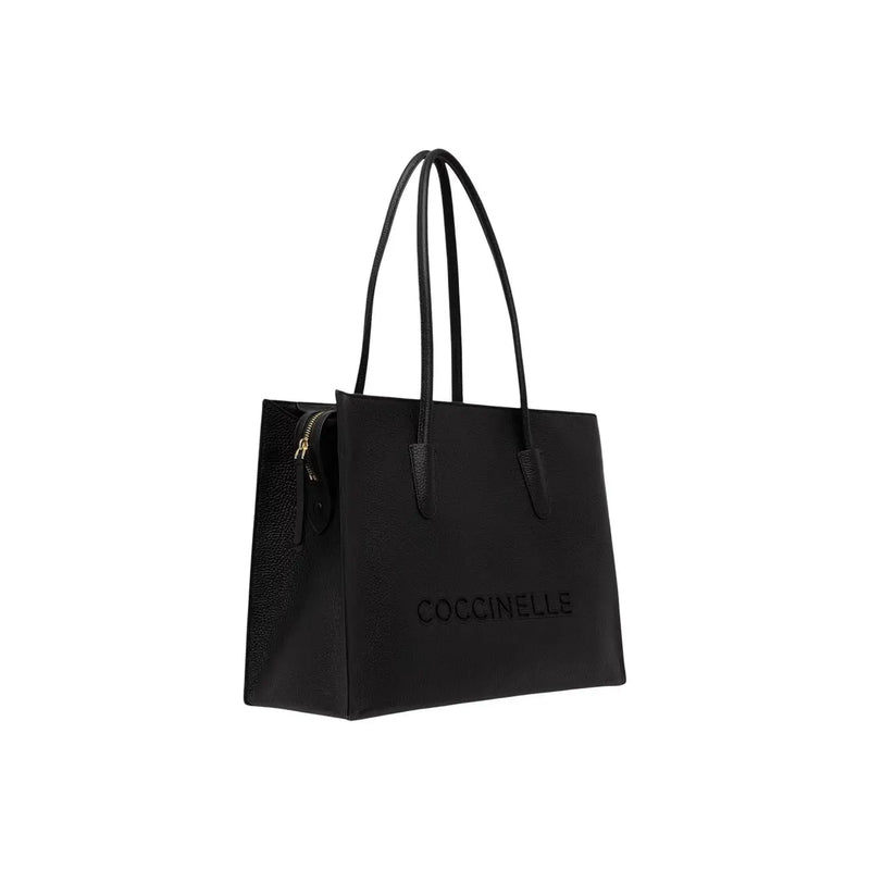 Black leather tote bag for women by Coccinelle featuring embossed branding and textured side panel W40.5