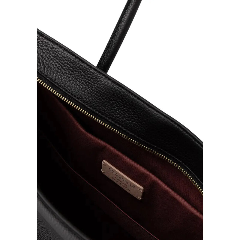Coccinelle women black leather tote bag w40.5 with pebbled texture gold-toned zipper and burgundy interior lining
