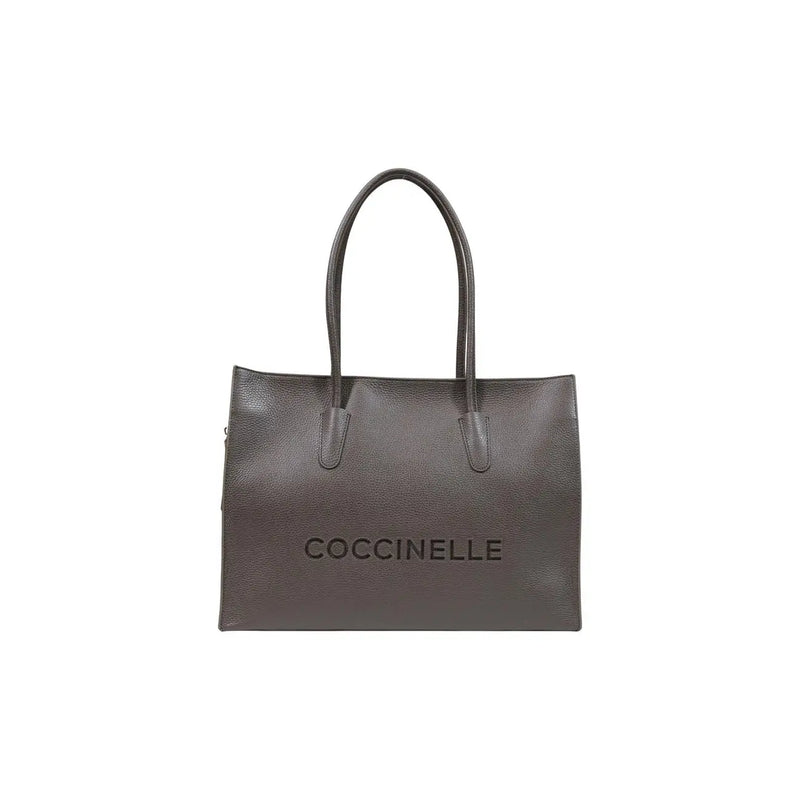A sleek dark gray pebbled leather tote bag with the coccinelle logo embossed on the front for women