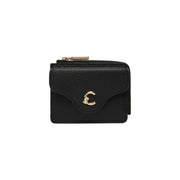 Black textured leather mini wallet by Coccinelle with gold-tone C logo clasp and zipper zip pockets w10 x h8.5 cm