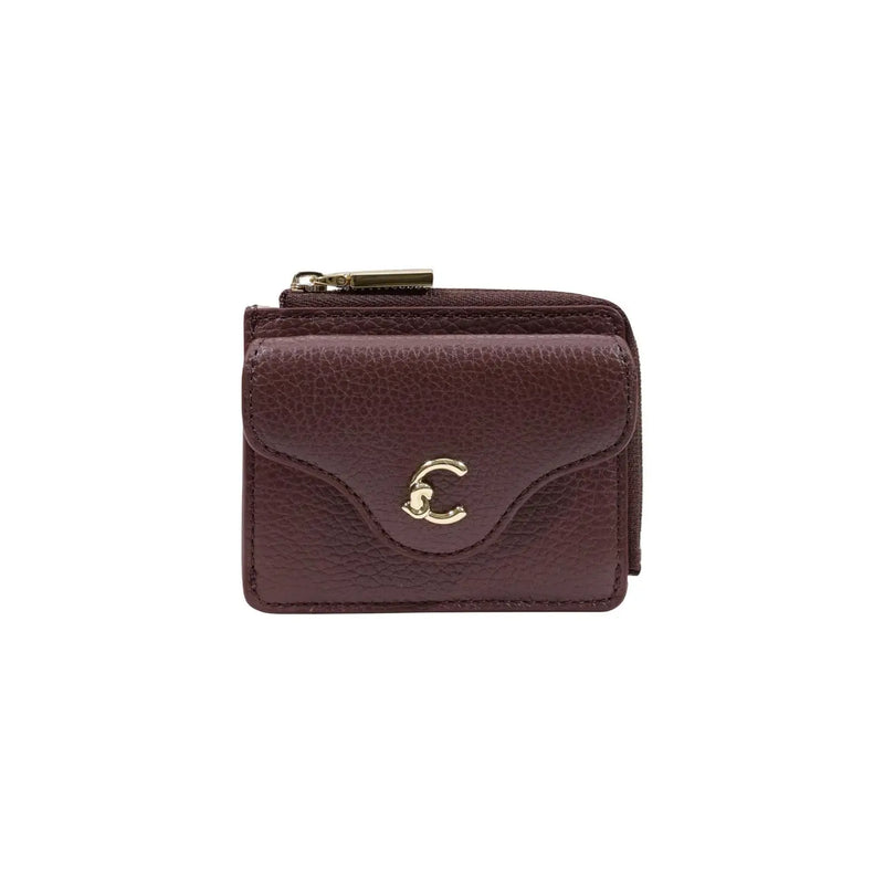 A compact burgundy textured leather wallet with gold tone c logo clasp and zipper pull for women by coccinelle