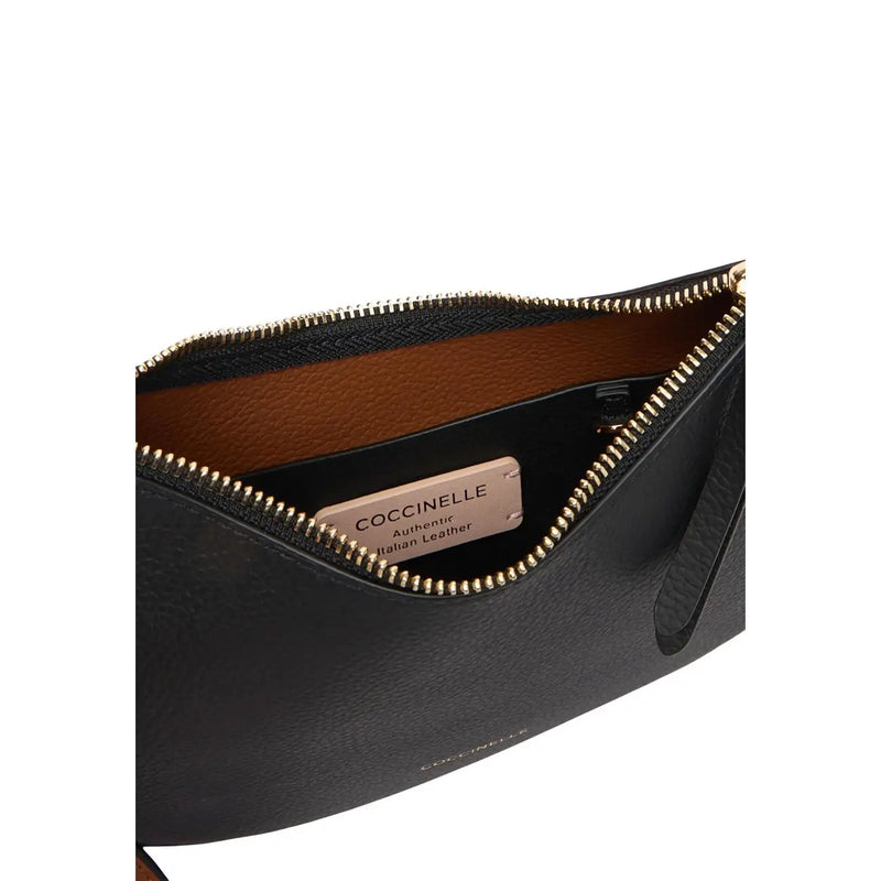 Black coccinelle leather clutch with gold-toned zipper and tan interior lining in 24x16x5cm grey zip pockets design