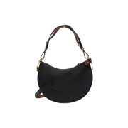 Coccinelle women leather bag in black with brown accents, gold-tone hardware, grey zip pockets, 24x16x5cm crescent shape