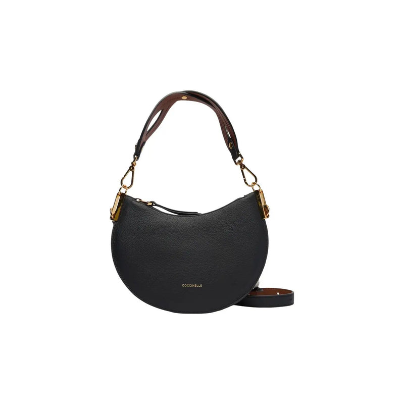 Coccinelle women leather bag grey crescent shape black pebbled leather with brown lining and gold-tone hardware