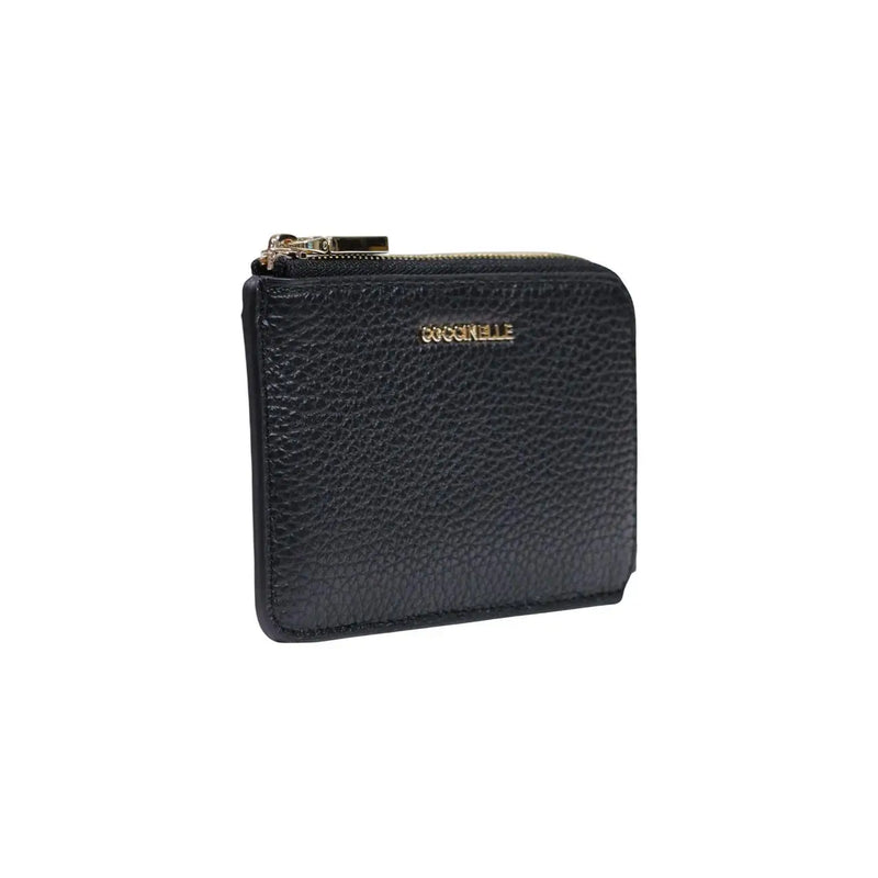Black textured leather zip wallet for women by Coccinelle with gold-tone hardware and zip closure, size W13 H8.5 L0 cm