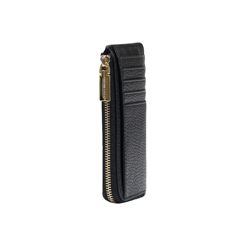 Black textured leather cardholder with gold-tone zipper and pull tab from Coccinelle women leather zip wallet collection