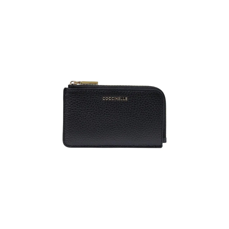 Black textured leather coccinelle women leather zip wallet with gold-tone zipper pull in size w13 h8.5 l0