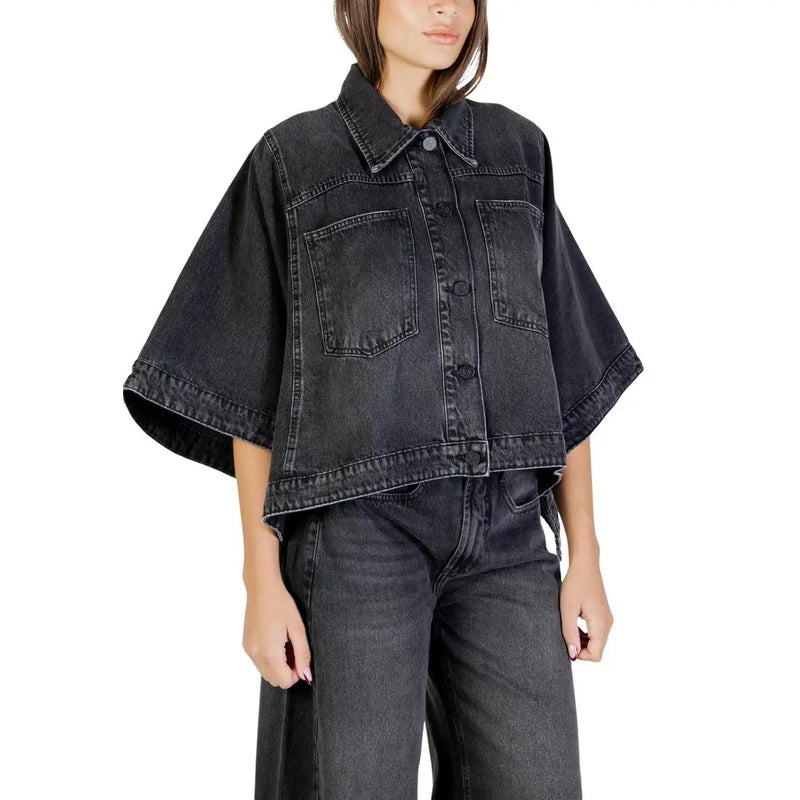 Colcci women black denim cape jacket with wide flowing sleeves front button closure and pockets