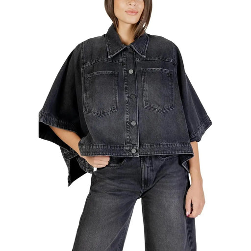 Colcci women black denim cape jacket with wide flowing sleeves front button closure and pockets