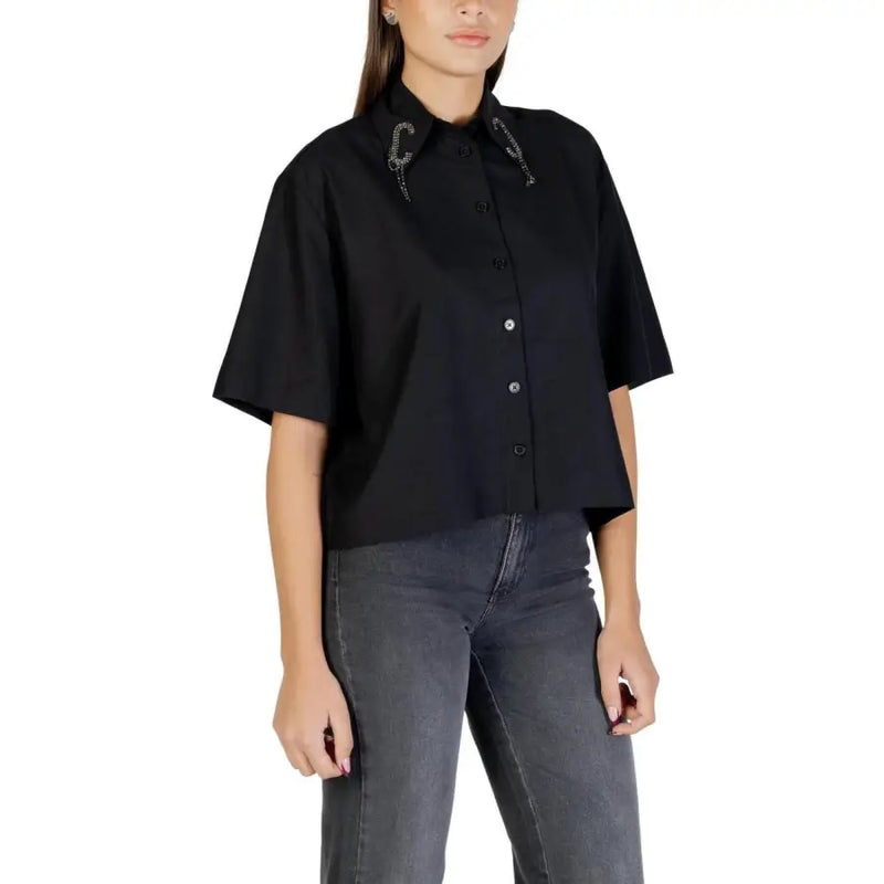 Colcci women black short sleeve button-up shirt with round neck and embellished collar details