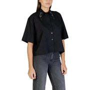 Colcci women black short sleeve button-up shirt with round neck and embellished collar details