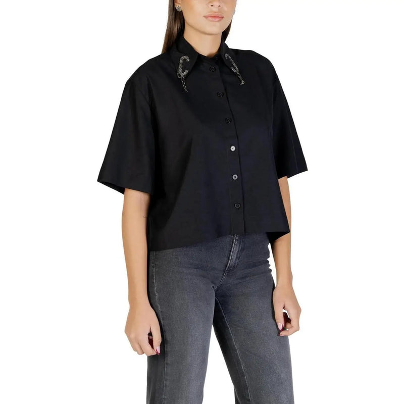 Colcci women black short sleeve button-up shirt with round neck and embellished collar details