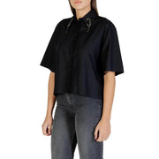 Colcci women black short sleeve round neck shirt with subtle sheen and silver embellishments on the collar
