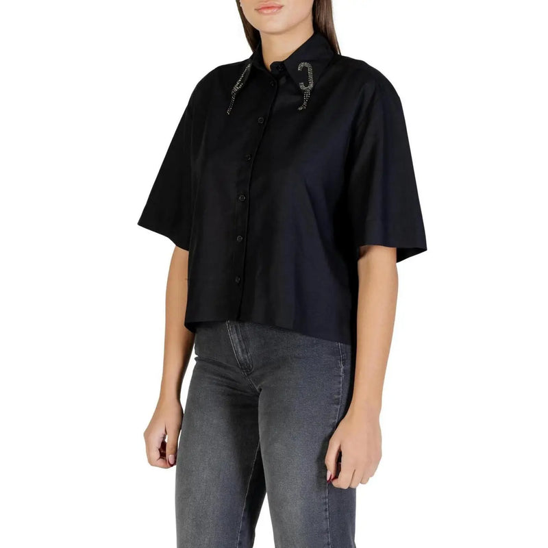 Colcci women black short sleeve round neck shirt with subtle sheen and silver embellishments on the collar