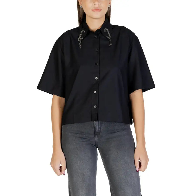 Colcci Women Black Button Short Sleeve Round Neck Shirt