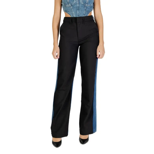 Colcci women black high-waisted trousers with blue denim side panels from fall winter collection