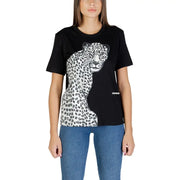 Colcci women black short sleeve round neck t-shirt with bold white leopard graphic and ferragamo branding on front