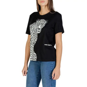 Colcci women black short sleeve round neck t-shirt with bold white leopard graphic featuring black spots