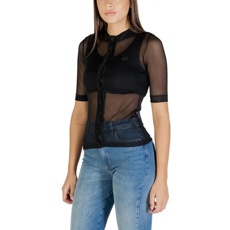 Colcci women black sheer mesh blouse with short sleeves and button-front design in round neck style