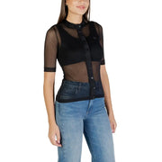 Colcci women black short sleeve round neck blouse in sheer mesh with button-front design
