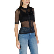 Colcci women black short sleeve round neck blouse in sheer mesh with button-front design