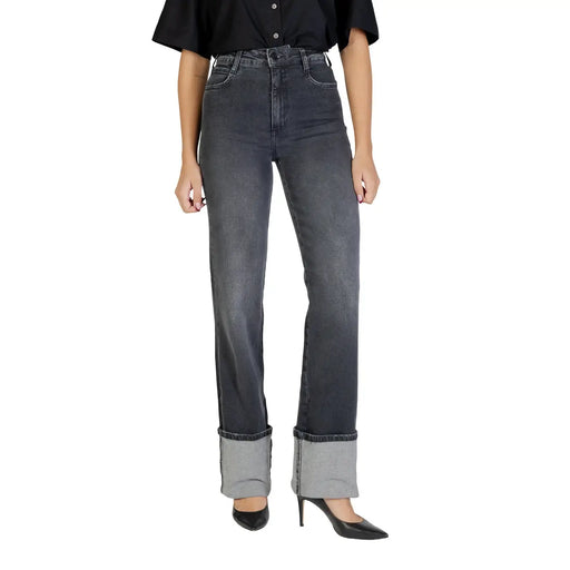 Colcci Damen-Baumwolljeans, schwarz, Stretch-Passform, hochgeschnitten, dunkelgrauer Denim mit verwaschenem Look und umgeschlagenen Säumen