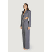 Colcci women grey striped jumpsuit in polyester with a v neck, featuring a stylish gray pinstripe cropped blazer and wide-leg trousers